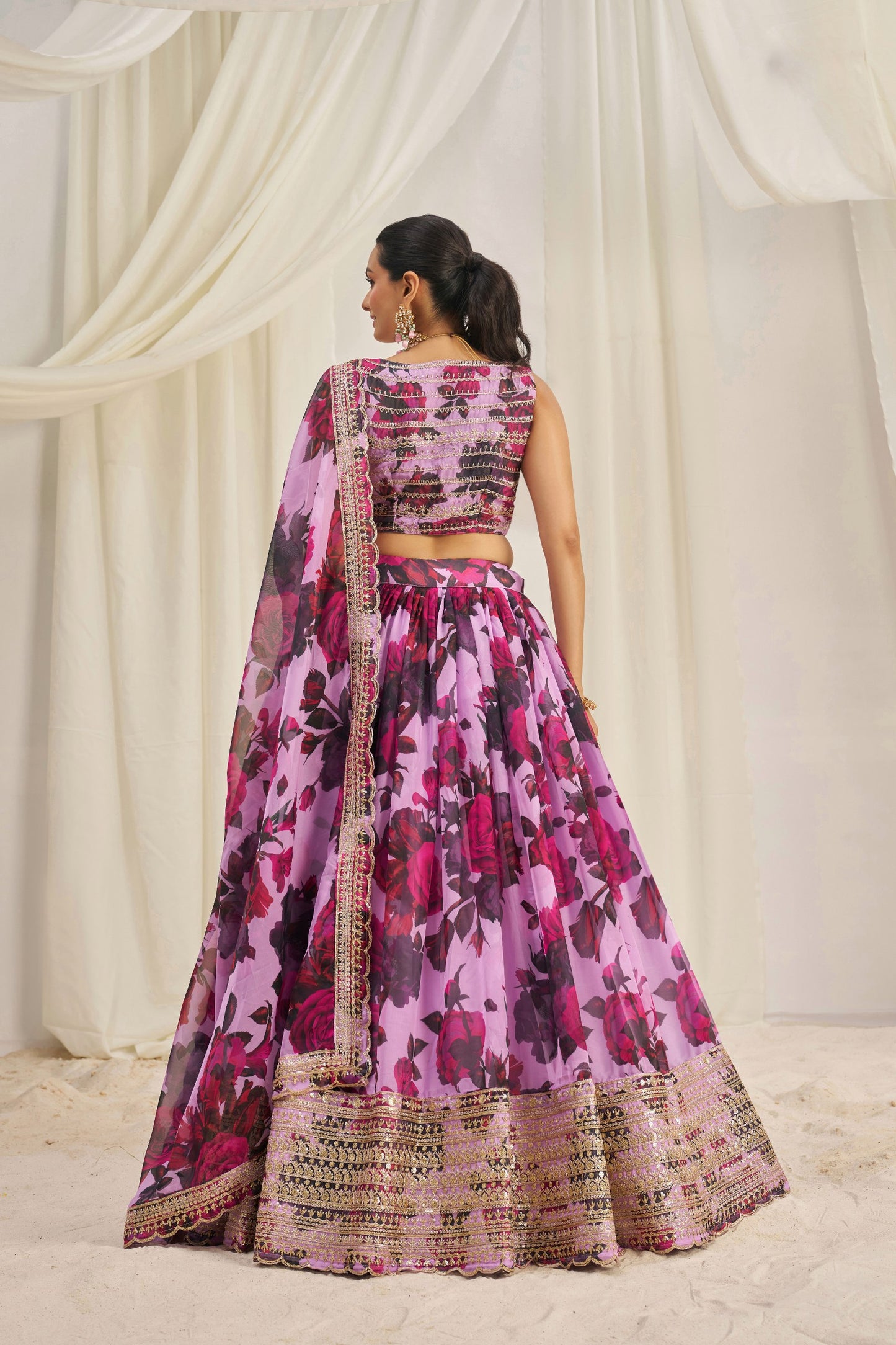 Pink Floral Organza Ready To Wear Lehenga Choli With Dupatta-Wedding Wear & Party Wear