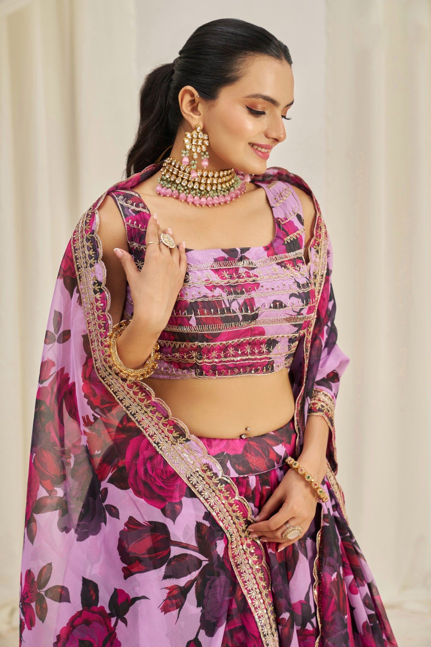Pink Floral Organza Ready To Wear Lehenga Choli With Dupatta-Wedding Wear & Party Wear