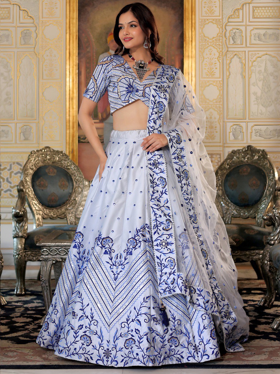 White and Blue Embroidered Ready To Wear Lehenga Choli with Dupatta – Designer Wedding & Function Wear Outfit for Women