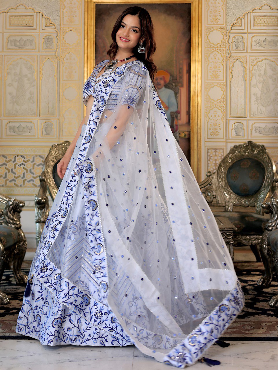 White and Blue Embroidered Ready To Wear Lehenga Choli with Dupatta – Designer Wedding & Function Wear Outfit for Women