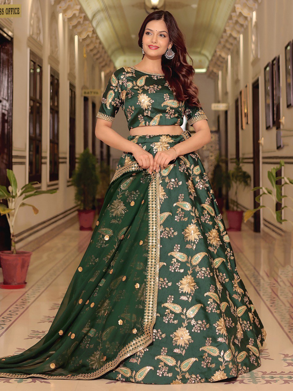 Green Georgette Ready To Wear Lehenga Choli with Golden Floral Embroidery & Dupatta