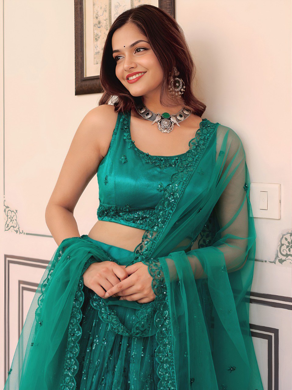 Elegant Teal Green Embroidered Net Lehenga Choli with Dupatta – Wedding & Party Wear