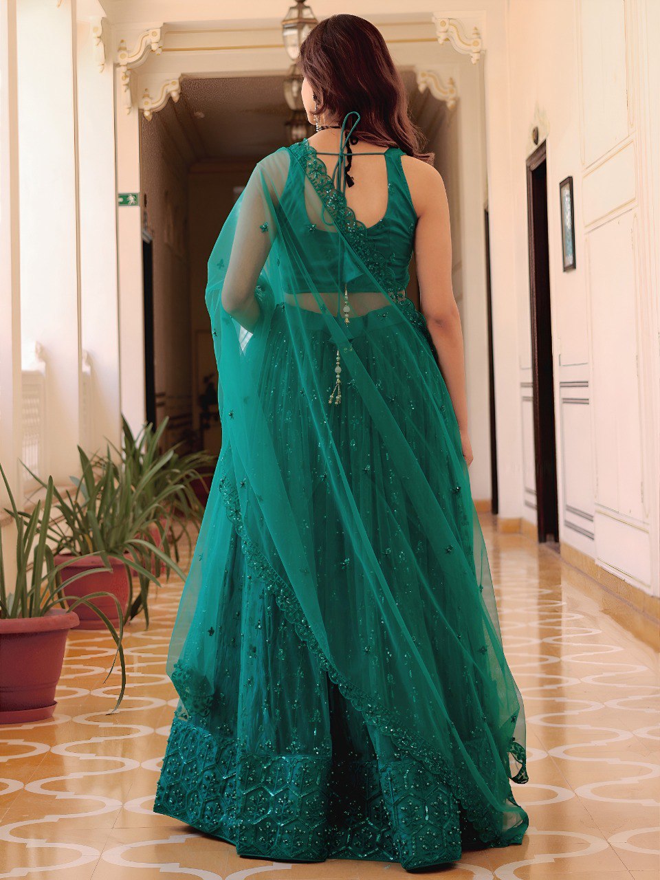 Elegant Teal Green Embroidered Net Lehenga Choli with Dupatta – Wedding & Party Wear
