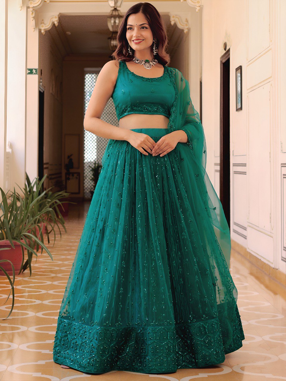 Elegant Teal Green Embroidered Net Lehenga Choli with Dupatta – Wedding & Party Wear