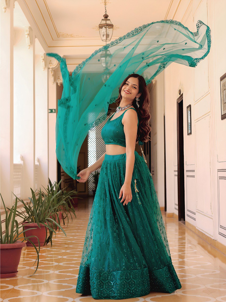 Elegant Teal Green Embroidered Net Lehenga Choli with Dupatta – Wedding & Party Wear