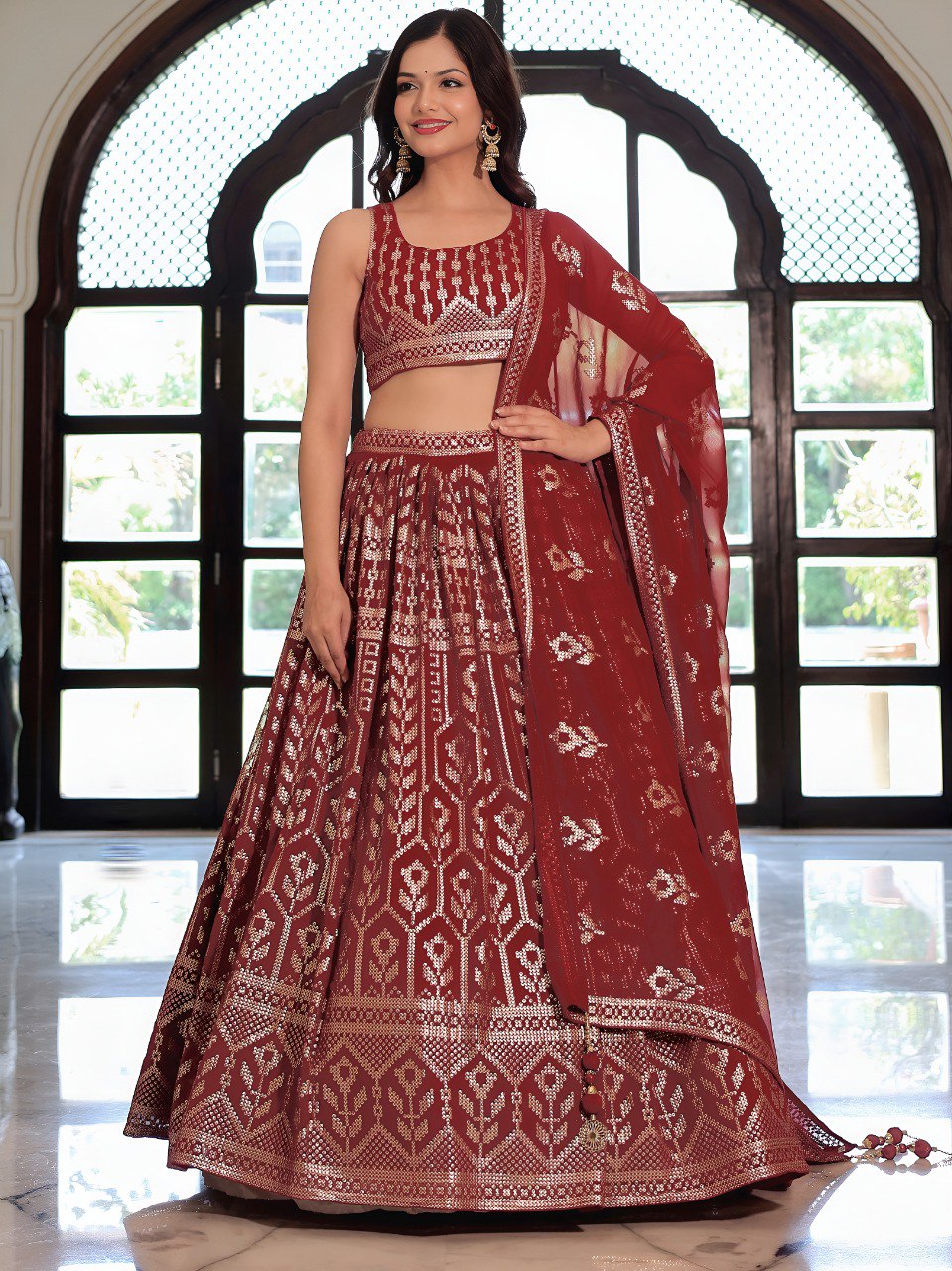 Maroon Georgette Ready To Wear Lehenga Choli with Dupatta – Traditional Indian Wedding Wear