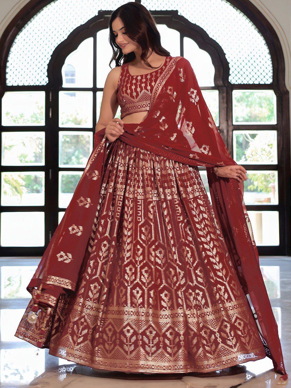 Maroon Georgette Ready To Wear Lehenga Choli with Dupatta – Traditional Indian Wedding Wear