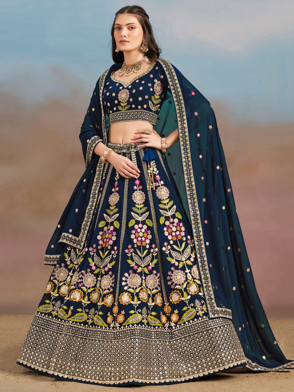 Floral Fantasy Blue – Heavy Embroidered Navy Blue Lehenga Choli