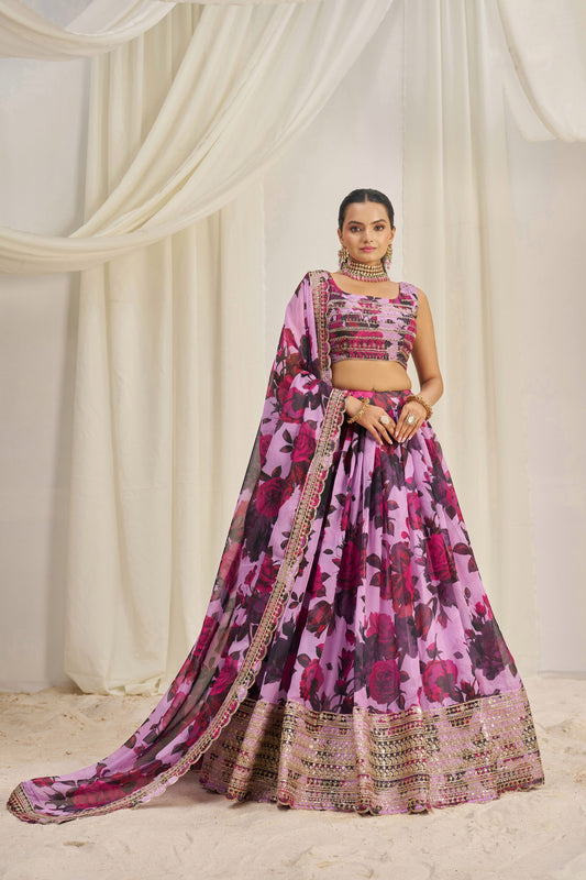 Pink Floral Organza Ready To Wear Lehenga Choli With Dupatta-Wedding Wear & Party Wear