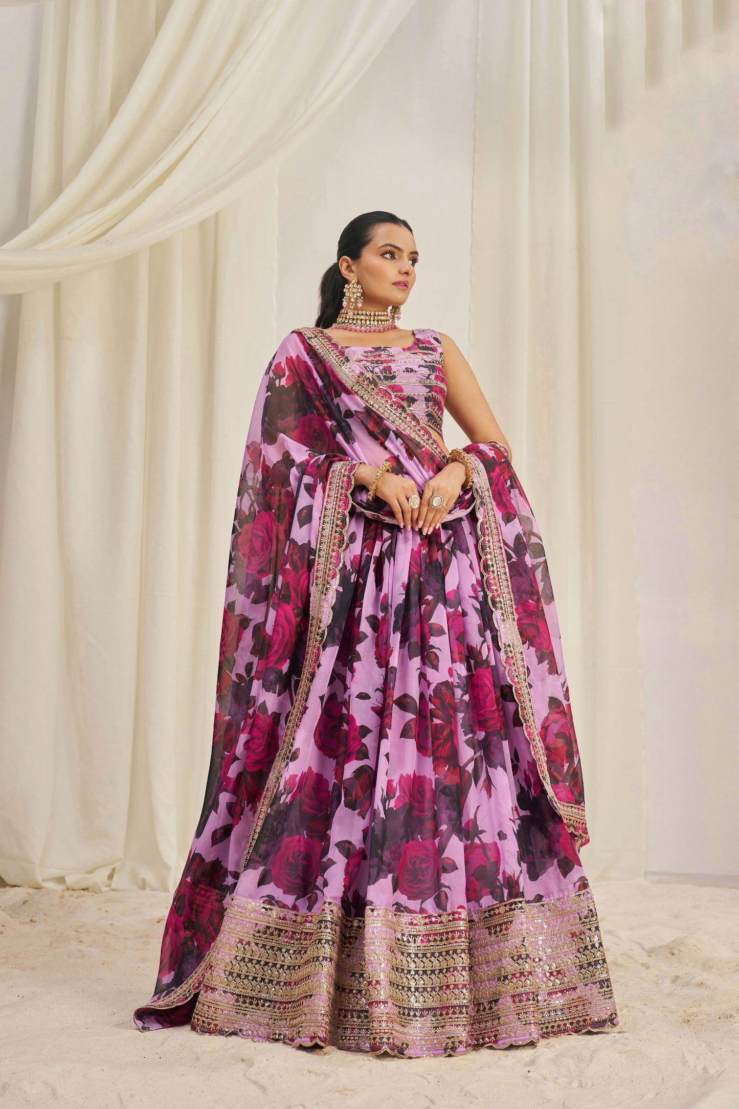 Pink Floral Organza Ready To Wear Lehenga Choli With Dupatta-Wedding Wear & Party Wear