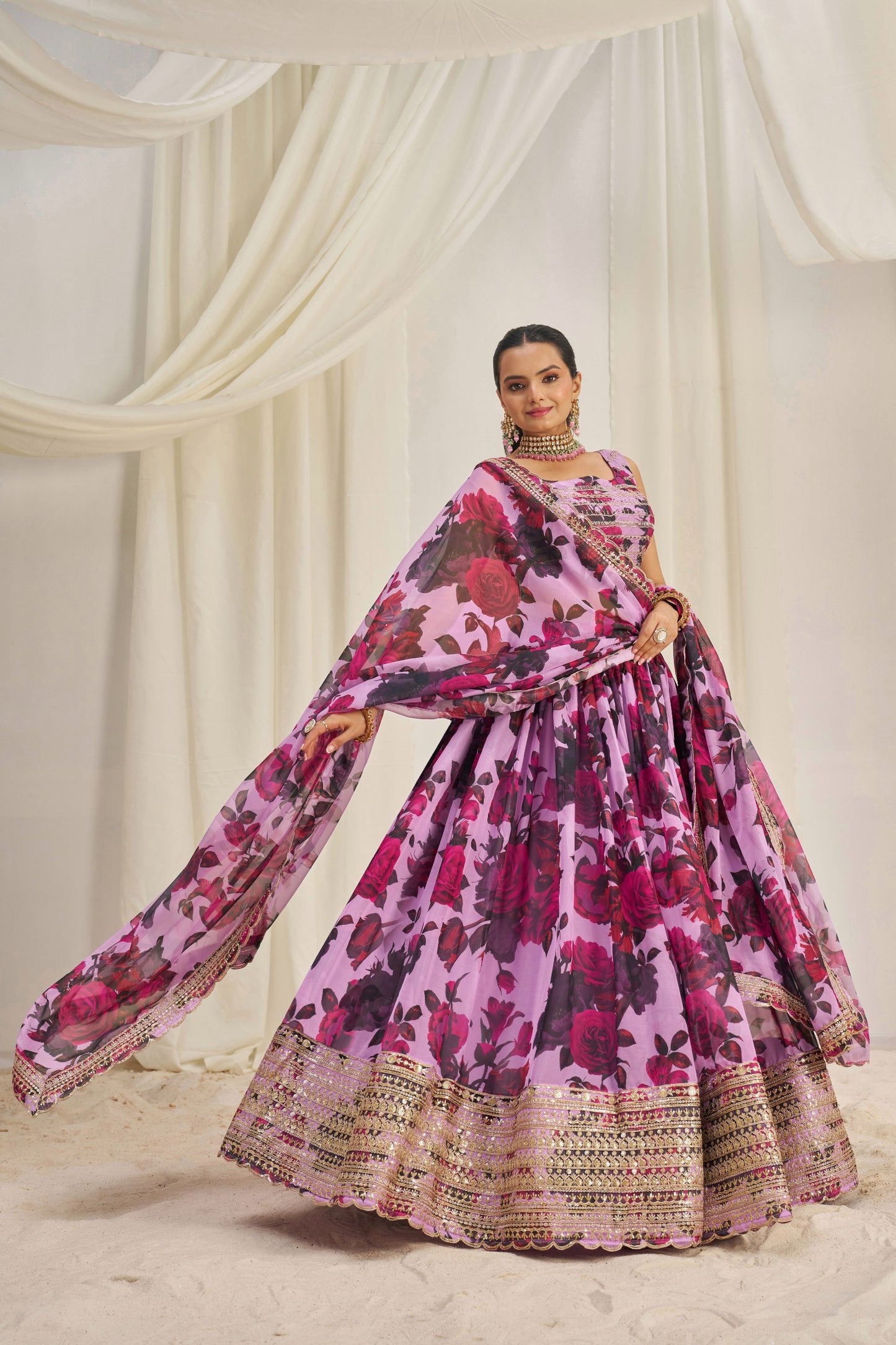 Pink Floral Organza Ready To Wear Lehenga Choli With Dupatta-Wedding Wear & Party Wear