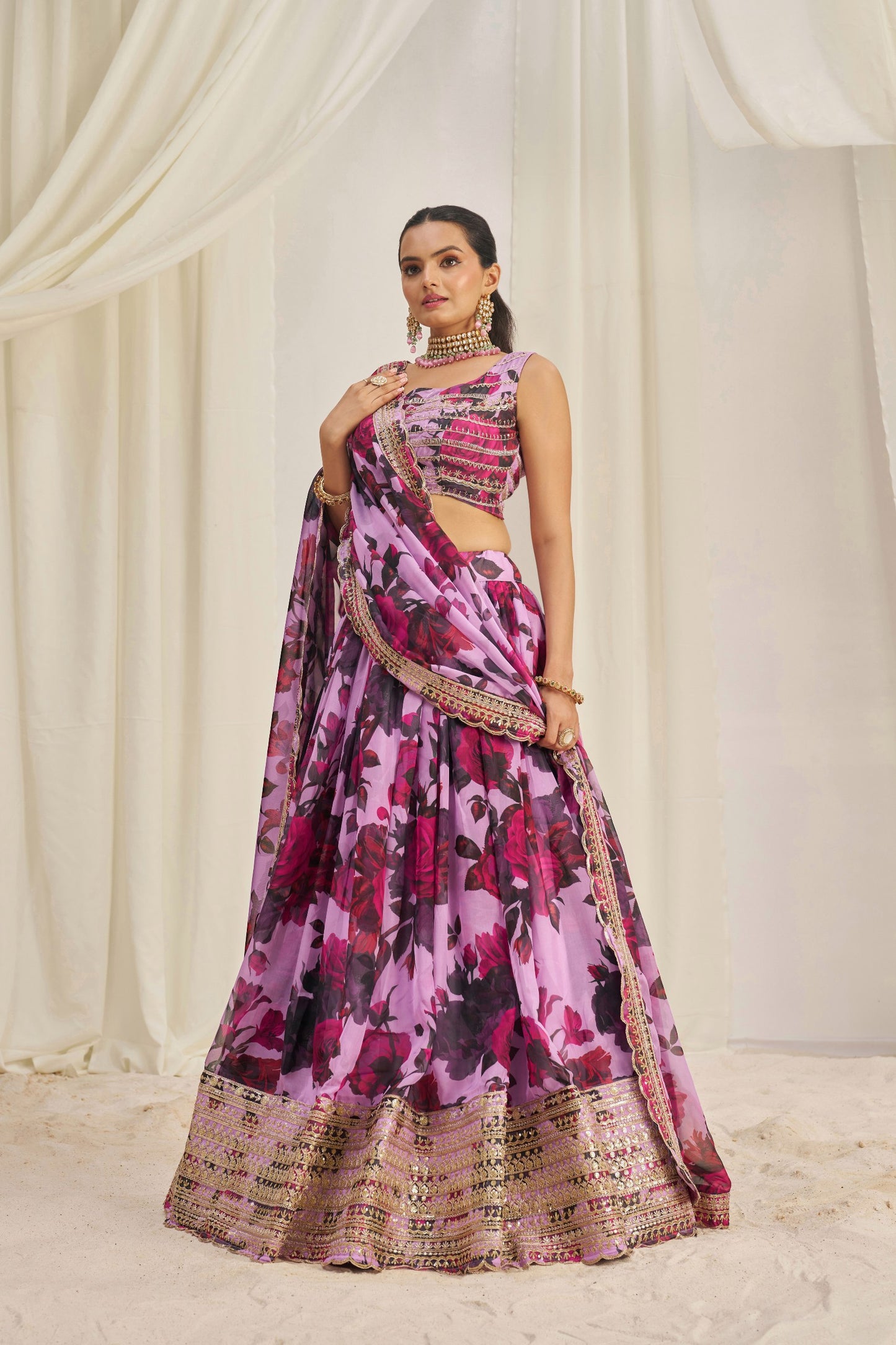 Pink Floral Organza Ready To Wear Lehenga Choli With Dupatta-Wedding Wear & Party Wear