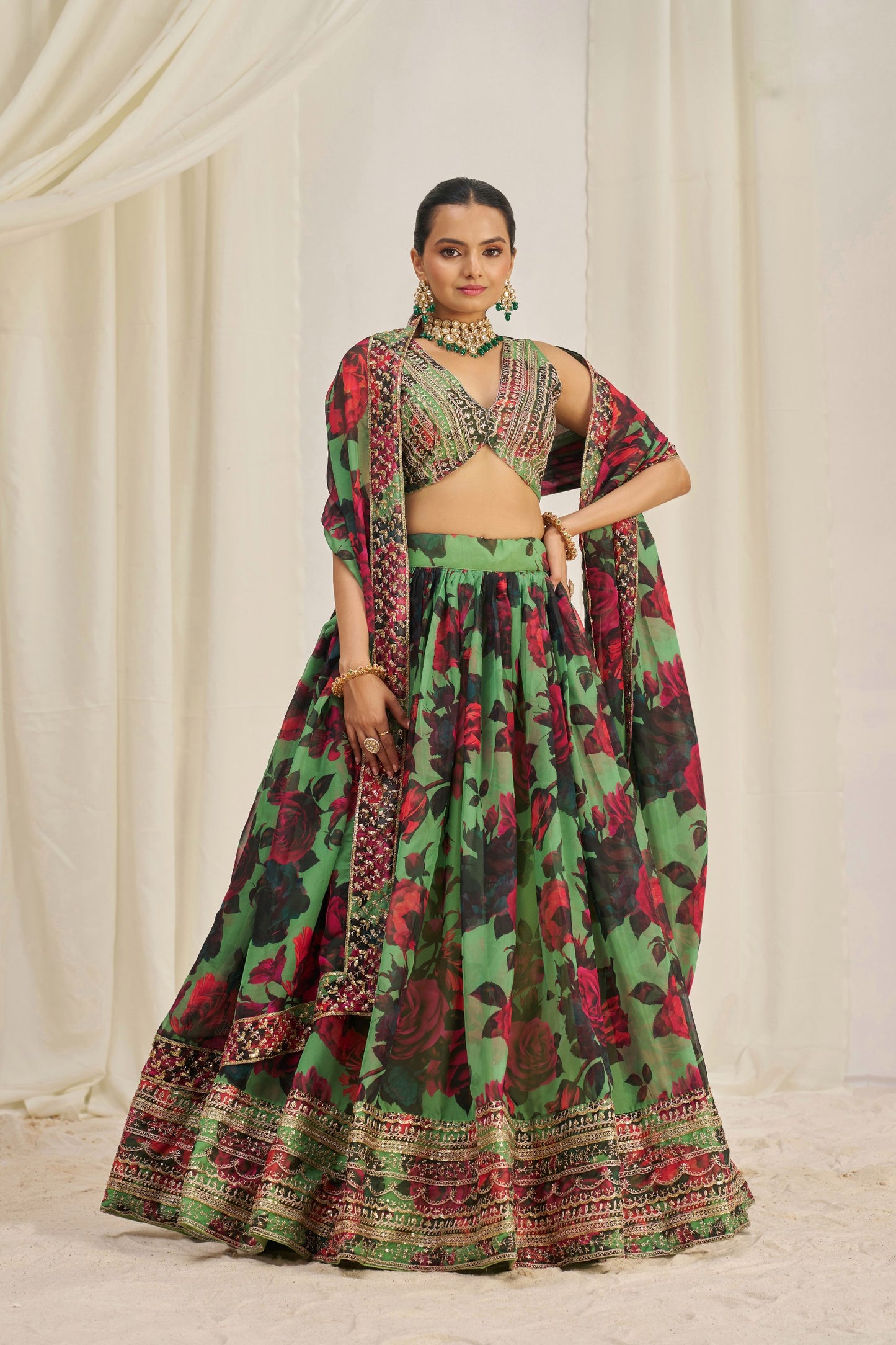 Green Floral Ready To Wear Lehenga Choli With Dupatta-Designer Party & Wedding Wear