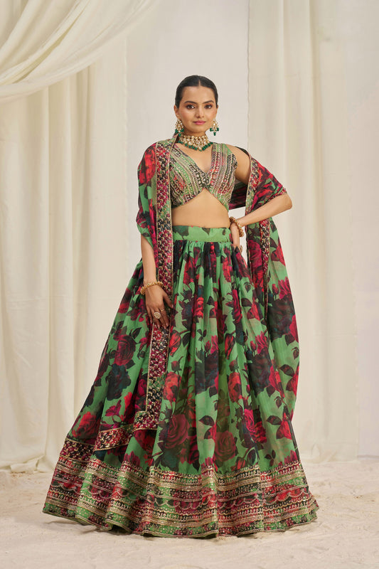 Green Floral Ready To Wear Lehenga Choli With Dupatta-Designer Party & Wedding Wear