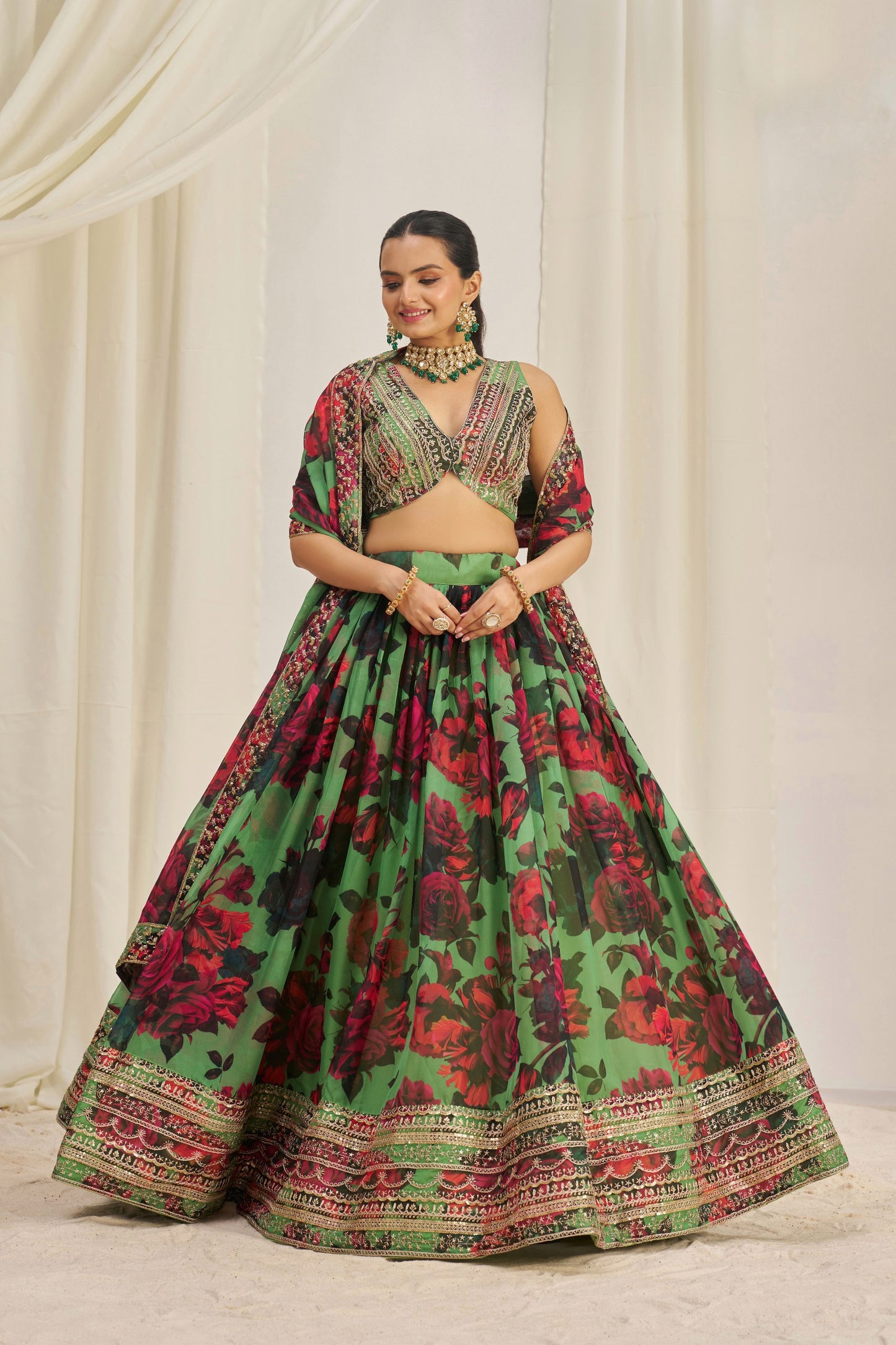Green Floral Ready To Wear Lehenga Choli With Dupatta-Designer Party & Wedding Wear