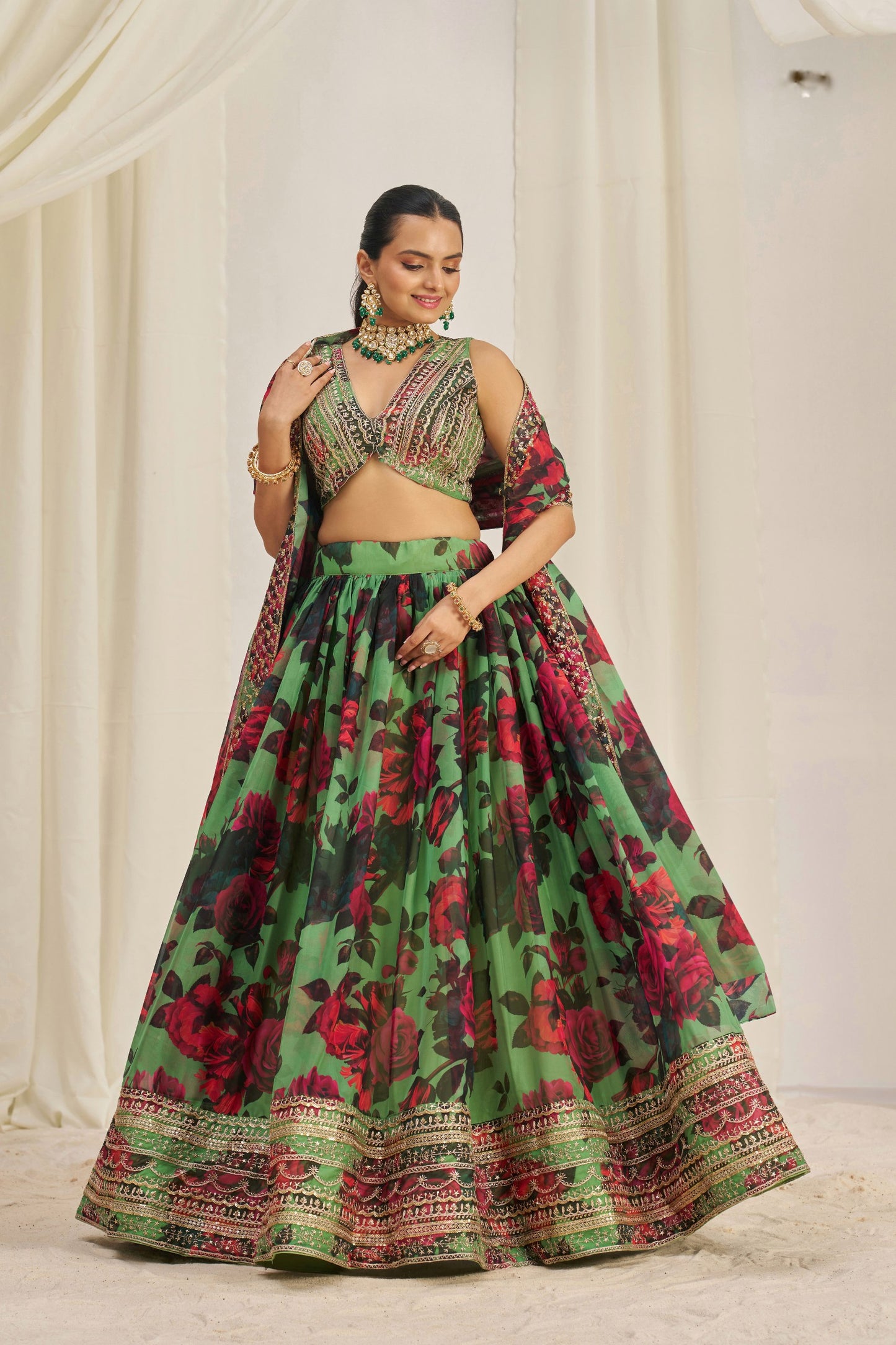 Green Floral Ready To Wear Lehenga Choli With Dupatta-Designer Party & Wedding Wear