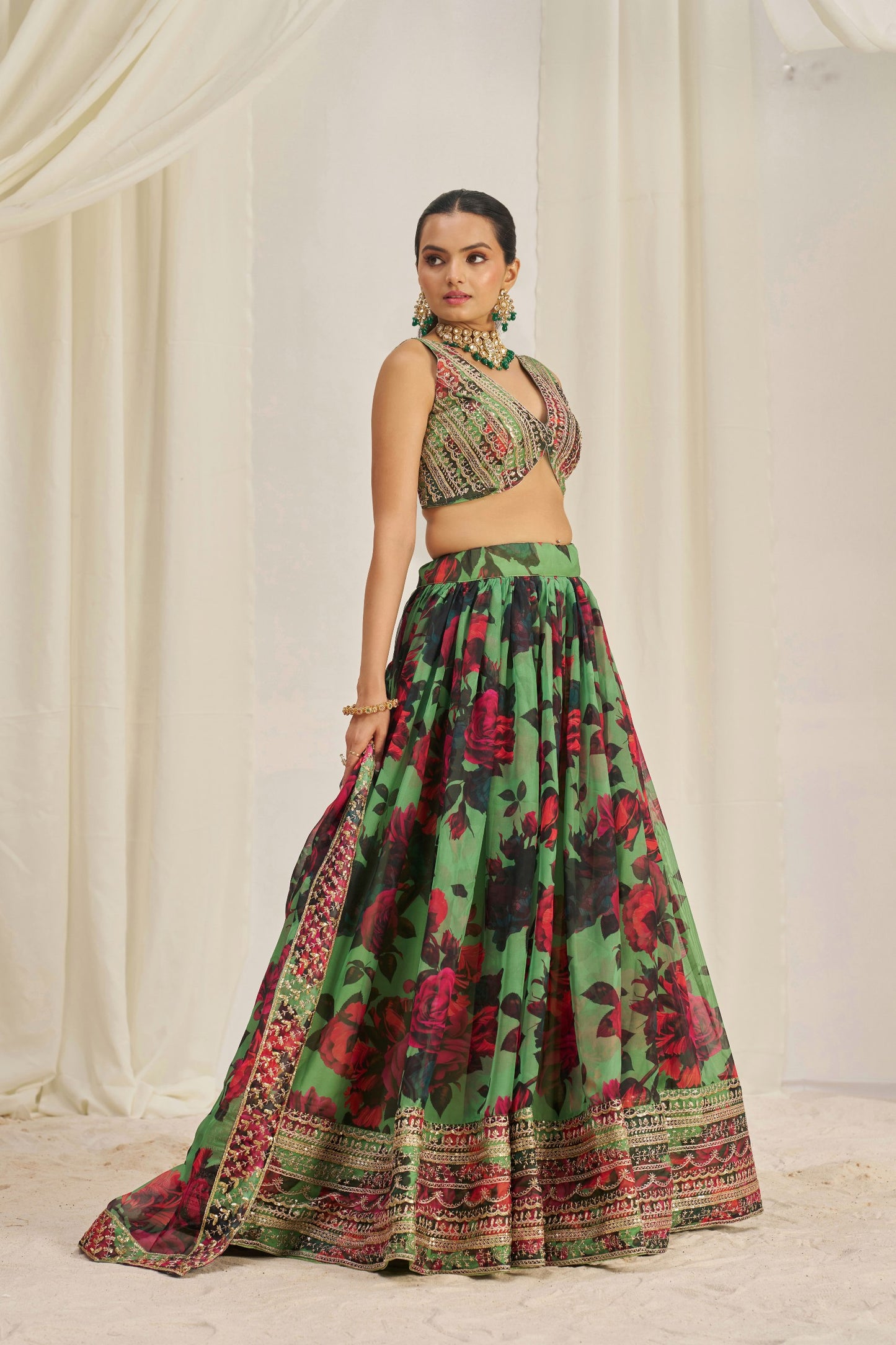 Green Floral Ready To Wear Lehenga Choli With Dupatta-Designer Party & Wedding Wear
