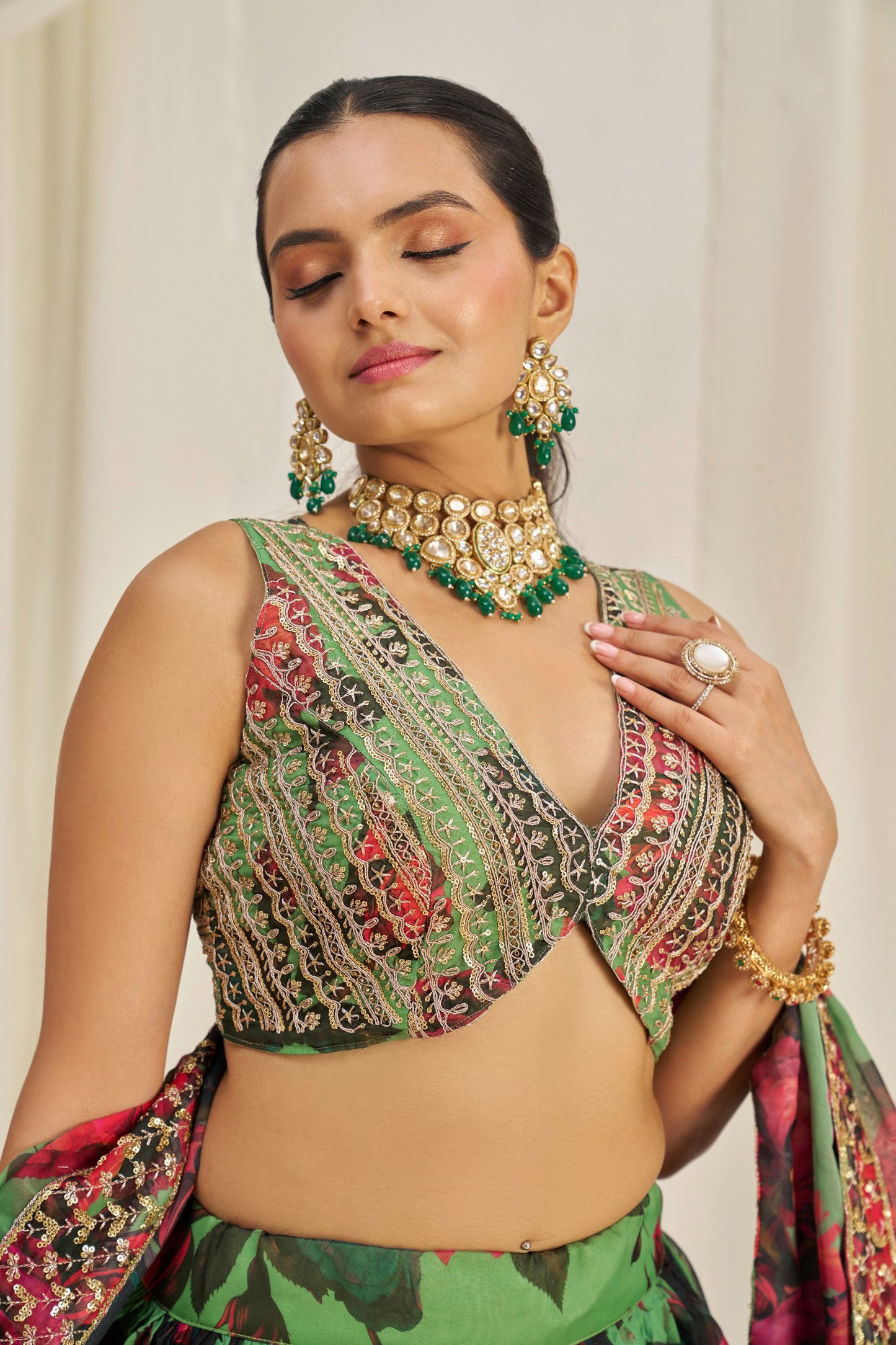 Green Floral Ready To Wear Lehenga Choli With Dupatta-Designer Party & Wedding Wear