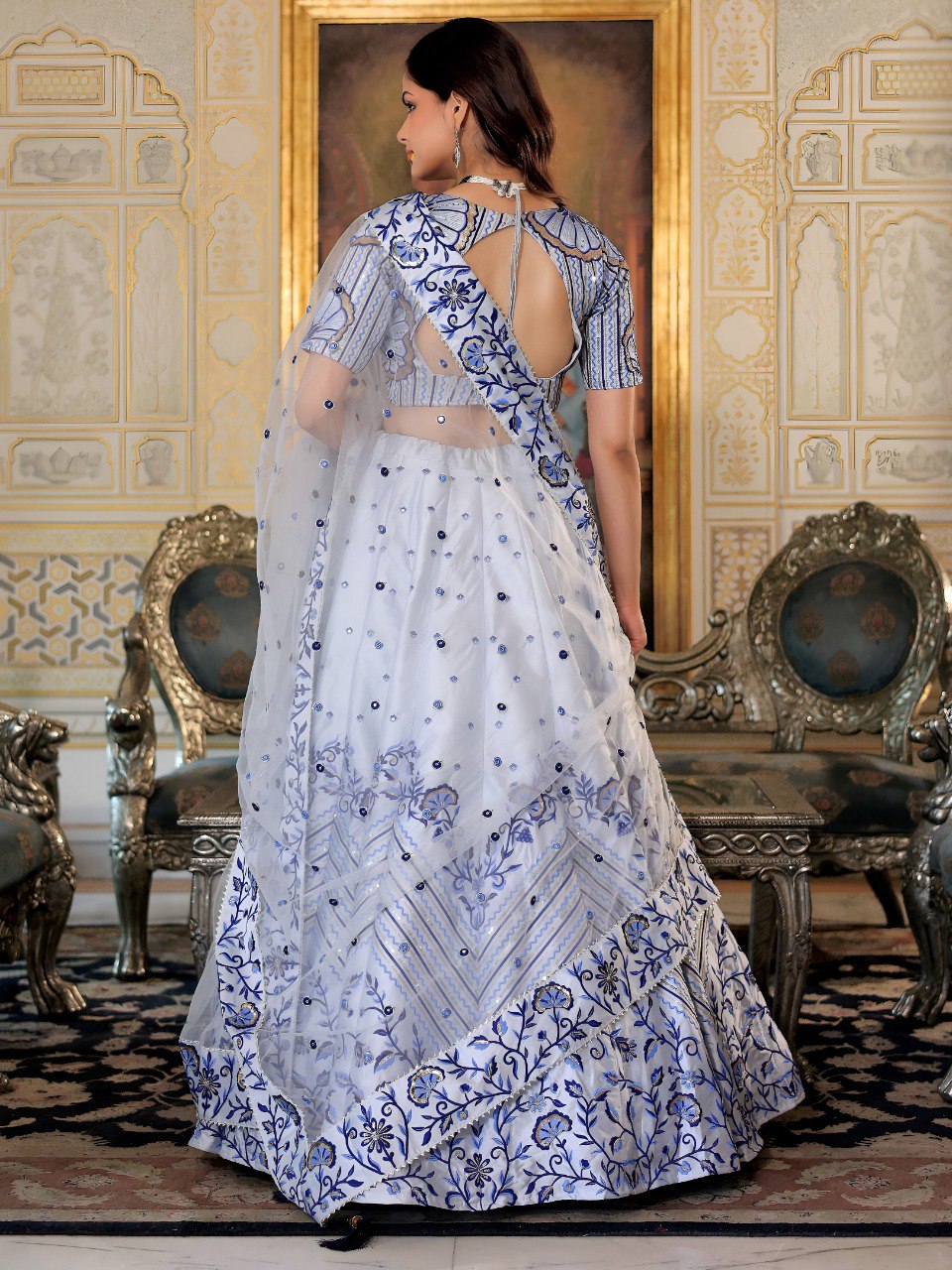 White and Blue Embroidered Ready To Wear Lehenga Choli with Dupatta – Designer Wedding & Function Wear Outfit for Women