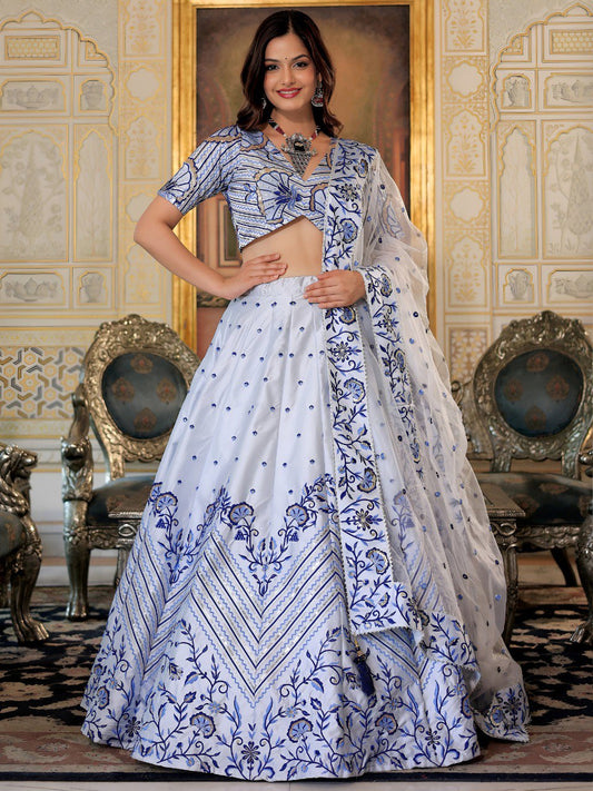 White and Blue Embroidered Ready To Wear Lehenga Choli with Dupatta – Designer Wedding & Function Wear Outfit for Women