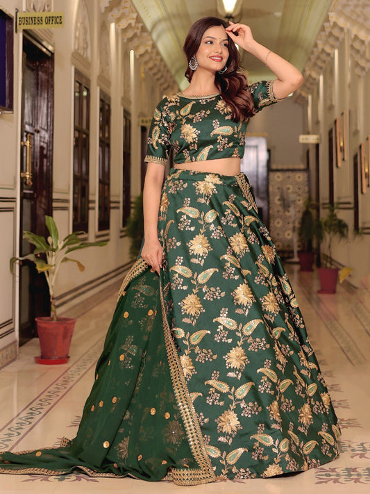 Green Georgette Ready To Wear Lehenga Choli with Golden Floral Embroidery & Dupatta