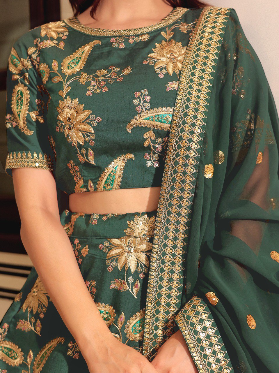 Green Georgette Ready To Wear Lehenga Choli with Golden Floral Embroidery & Dupatta