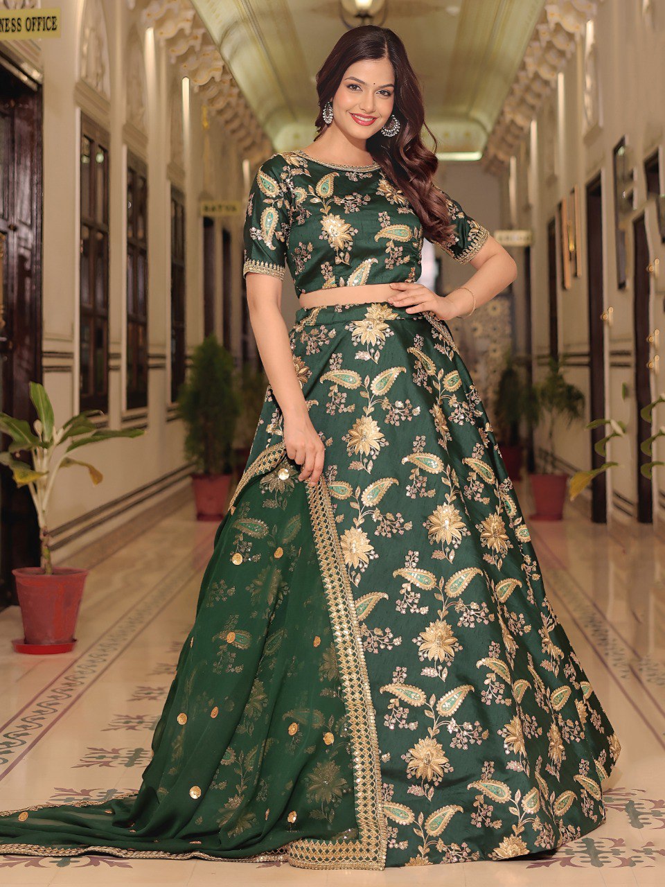 Green Georgette Ready To Wear Lehenga Choli with Golden Floral Embroidery & Dupatta