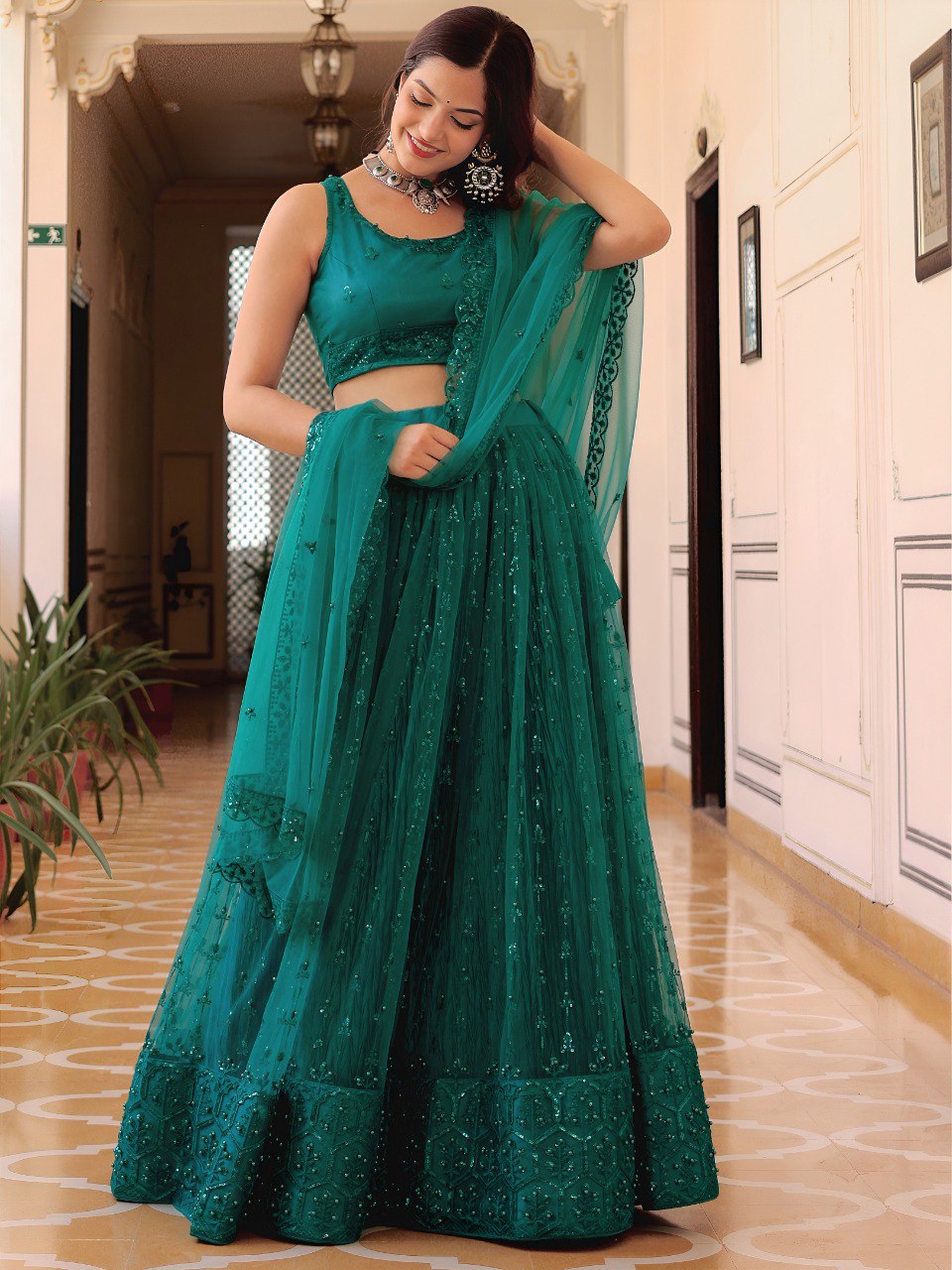 Elegant Teal Green Embroidered Net Lehenga Choli with Dupatta – Wedding & Party Wear