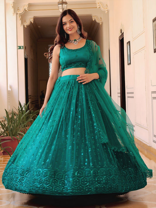 Elegant Teal Green Embroidered Net Lehenga Choli with Dupatta – Wedding & Party Wear