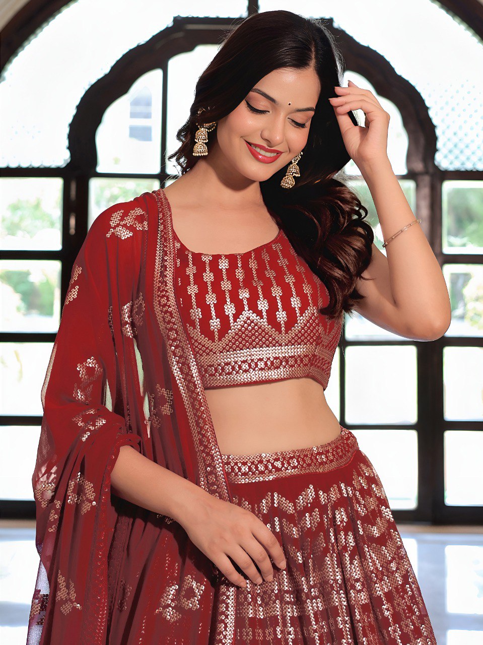 Maroon Georgette Ready To Wear Lehenga Choli with Dupatta – Traditional Indian Wedding Wear