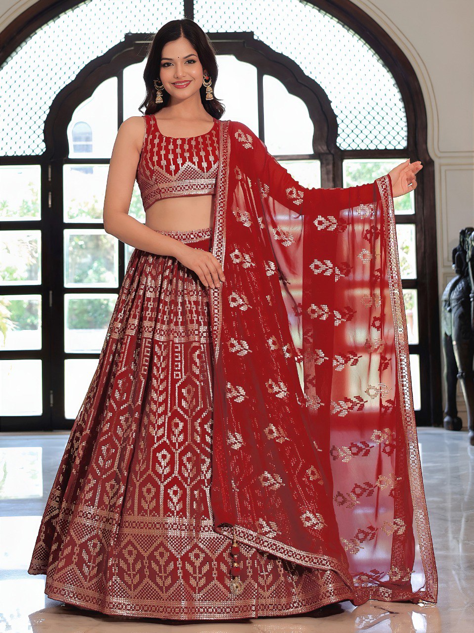 Maroon Georgette Ready To Wear Lehenga Choli with Dupatta – Traditional Indian Wedding Wear