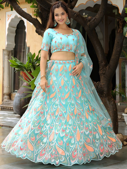 Sky Blue Ready To Wear Embroidered Lehenga Choli with Dupatta – Elegant Party & Wedding Wear