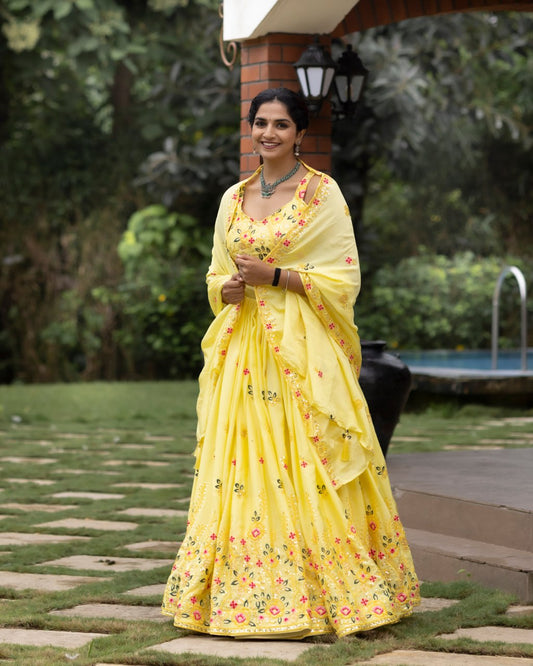 Bright Yellow Floral Embroidered Lehenga Choli with Dupatta – Festive & Wedding Wear