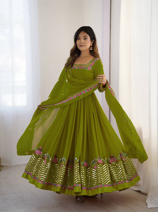 Green Georgette Embroidered Anarkali Dress with Dupatta – Mirror & Floral Work Indian Ethnic Wear