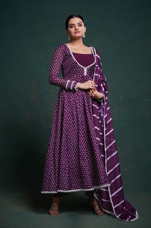 Elegant Purple Bandhani Anarkali Suit with Dupatta – Traditional Indian Ethnic Wear