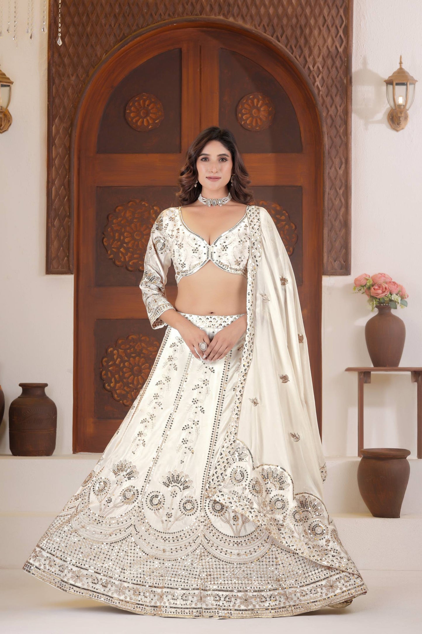 Elegant White Mirror Work Lehenga Choli with Dupatta | Bridal & Party Wear Designer Outfit