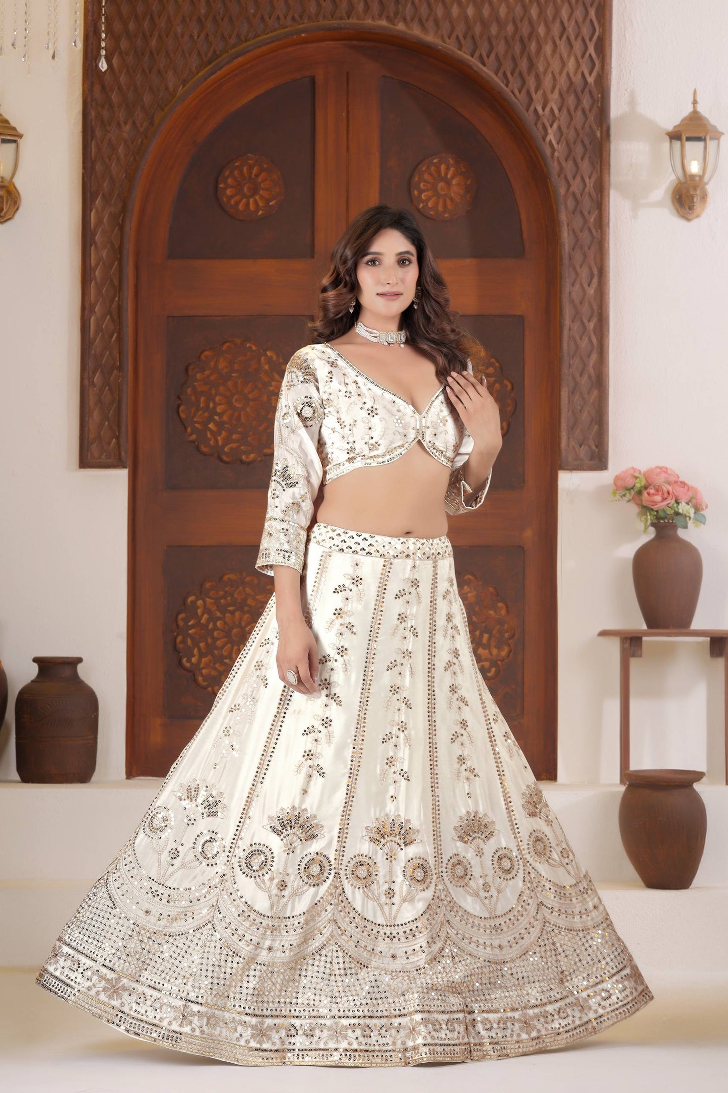 Elegant White Mirror Work Lehenga Choli with Dupatta | Bridal & Party Wear Designer Outfit