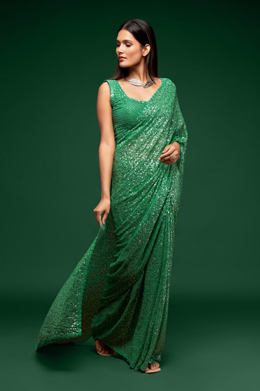 Ready to Wear Mint Green Sequin Saree with Blouse – Elegant Party & Wedding Saree