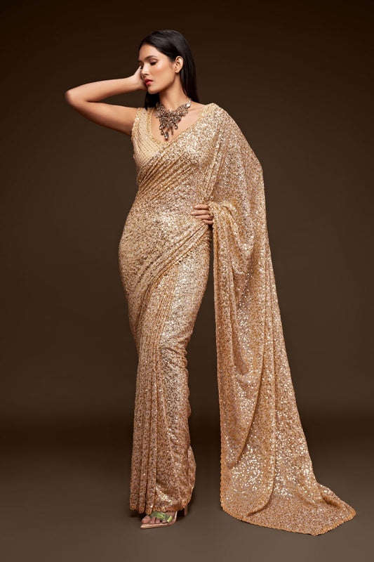 Luxury Ancient Ivory Golden Sequin Ready to Wear Saree with Blouse – Party & Wedding Wear