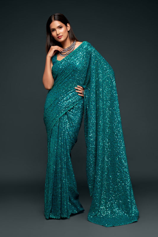 Ready to Wear Teal Blue Sequin Saree with Blouse – Elegant Party & Wedding Saree