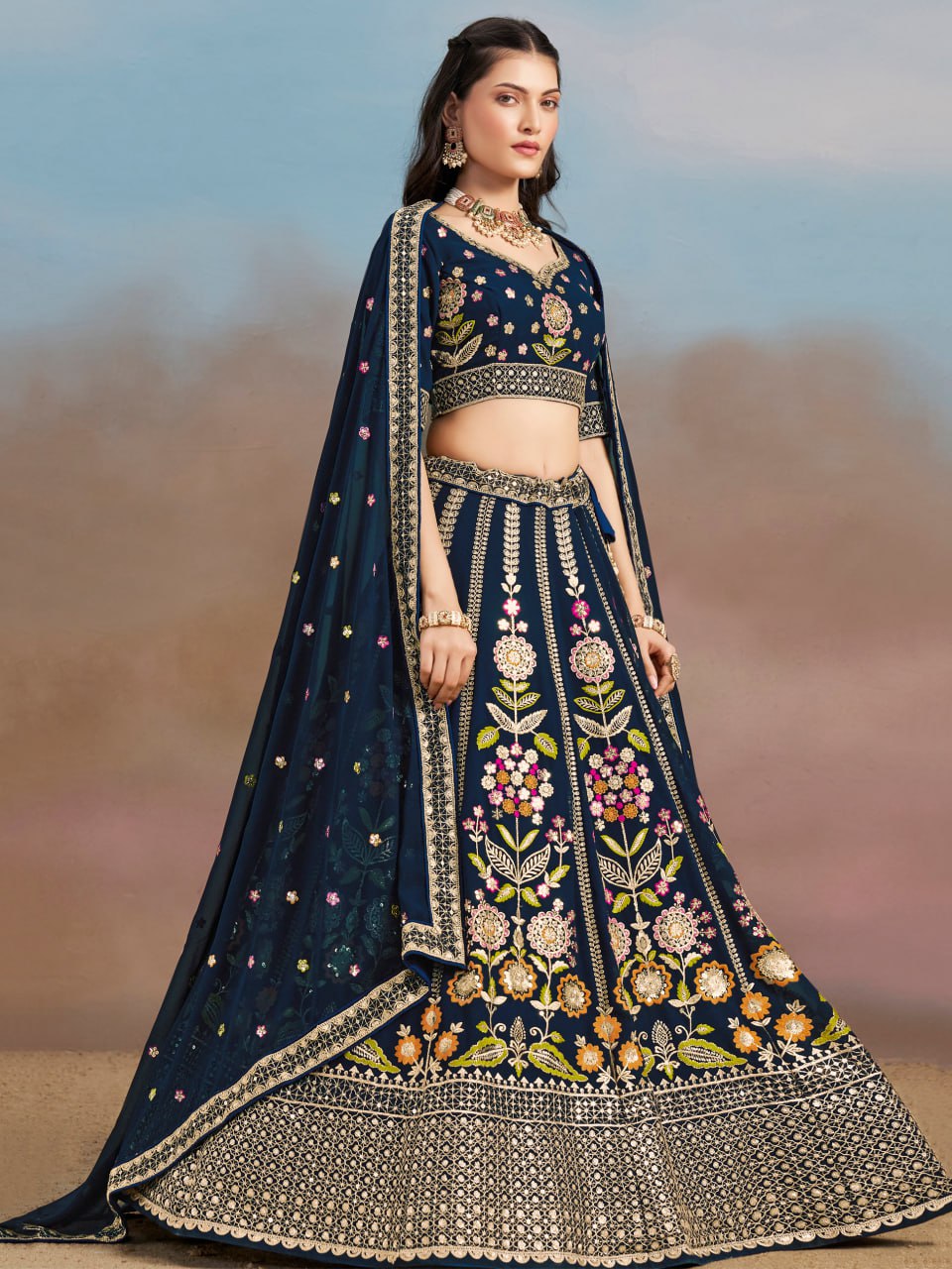 Floral Fantasy Blue – Heavy Embroidered Navy Blue Lehenga Choli