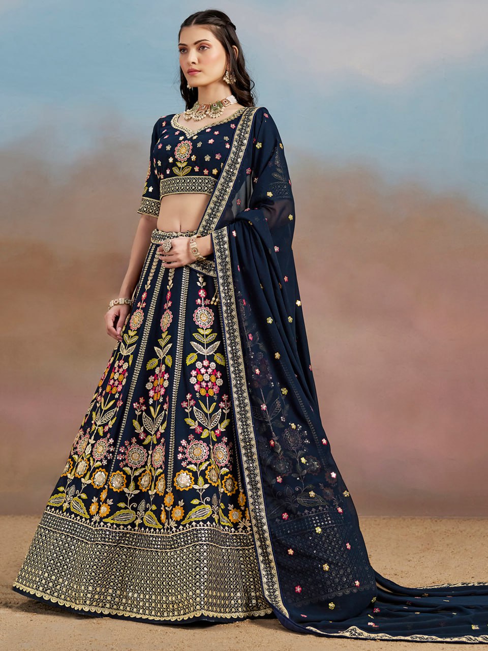 Floral Fantasy Blue – Heavy Embroidered Navy Blue Lehenga Choli