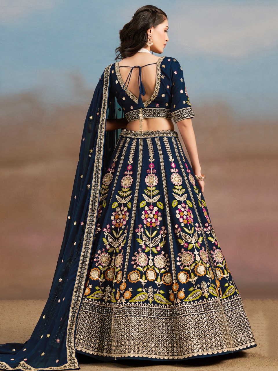 Floral Fantasy Blue – Heavy Embroidered Navy Blue Lehenga Choli