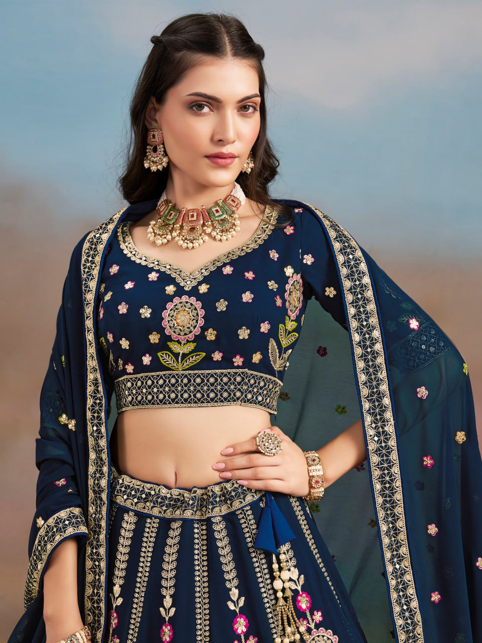 Floral Fantasy Blue – Heavy Embroidered Navy Blue Lehenga Choli