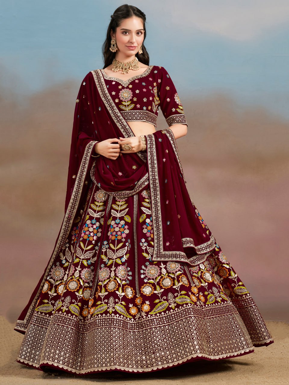 Floral Fantasy Maroon – Heavy Embroidered Maroon Lehenga Choli