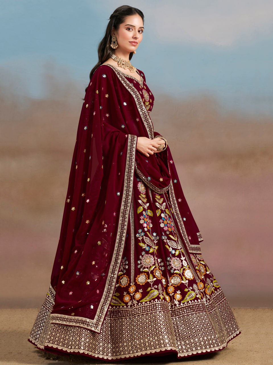 Floral Fantasy Maroon – Heavy Embroidered Maroon Lehenga Choli