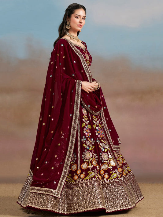 Floral Fantasy Maroon – Heavy Embroidered Maroon Lehenga Choli