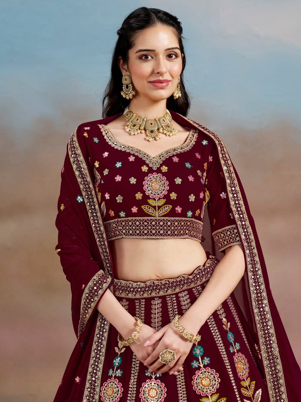 Floral Fantasy Maroon – Heavy Embroidered Maroon Lehenga Choli
