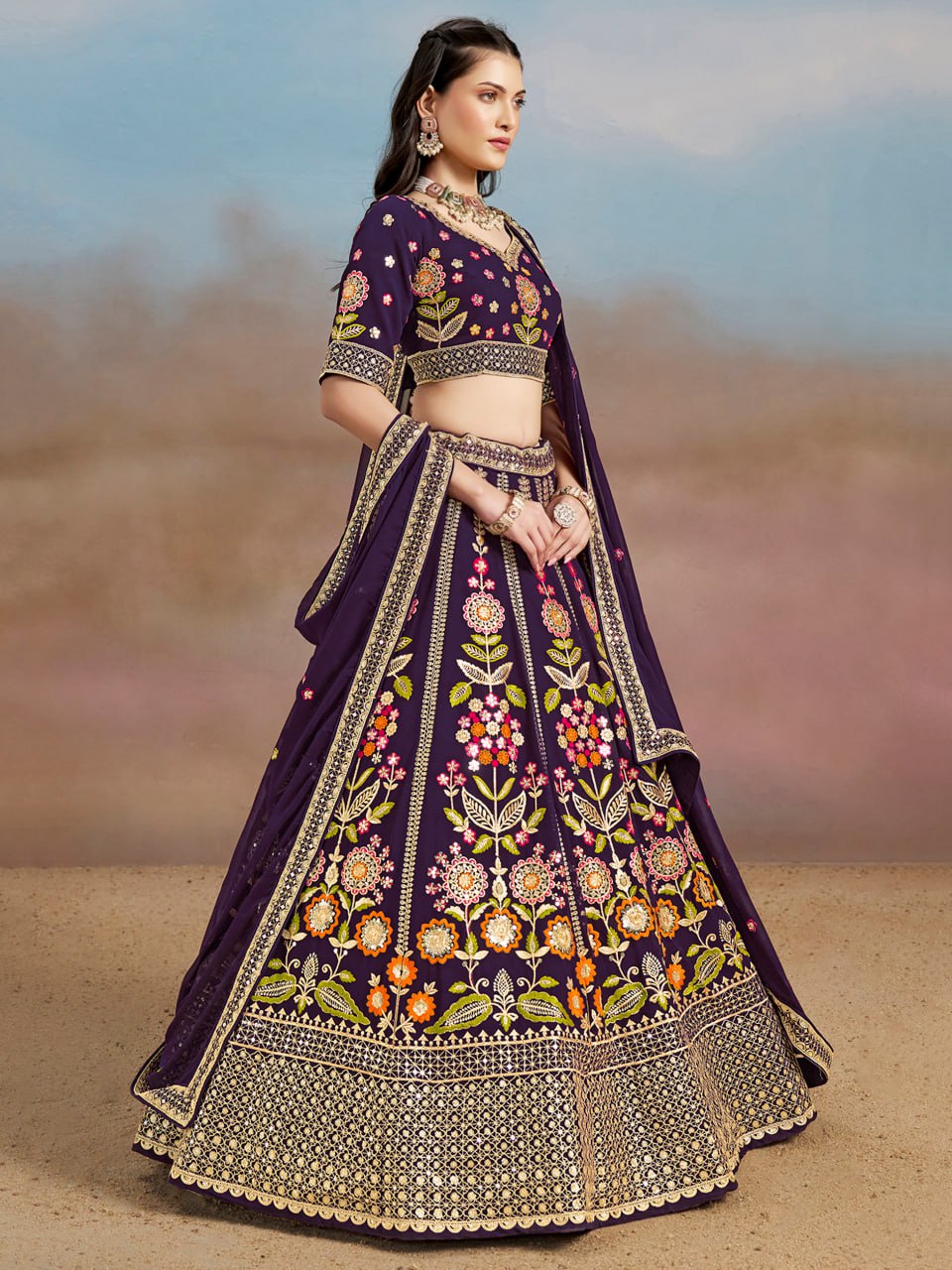 Floral Fantasy Purple – Heavy Embroidered Purple Lehenga Choli