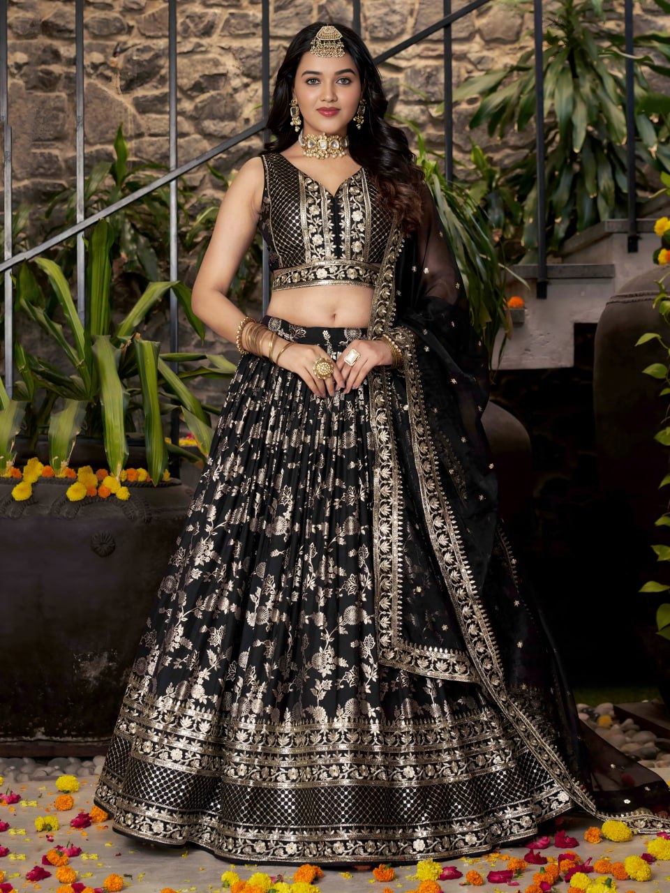 Midnight Bloom – Embroidered Georgette Black Bridal Ensemble